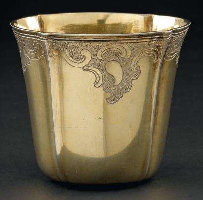 Louis XV silver gilt hunting beaker, engraved with scroll decoration.